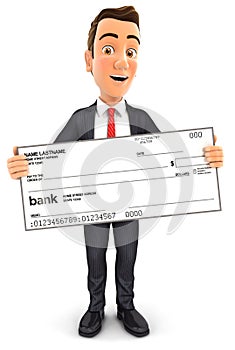 3d businessman holding big bank check