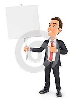 3d businessman holding blank sign board