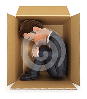 3d businessman inside cardboard box