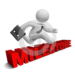 3d businessman jumping over 'milestone' word