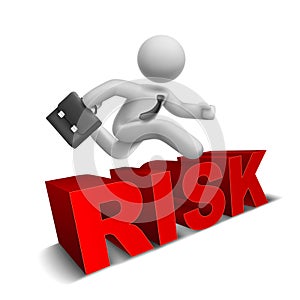 3d businessman jumping over 'risk' word