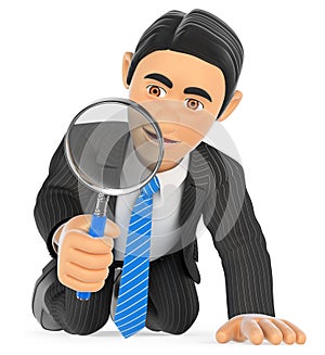 3D Businessman kneeling looking through a magnifying glass