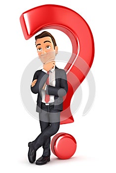 3d businessman leaning back against question mark