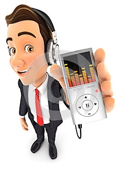 3d businessman listening music on mp3 player