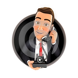 3d businessman making phone call inside circular hole