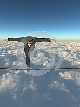 3D businessman or man in crisis walking in balance on rope above clouds sky background