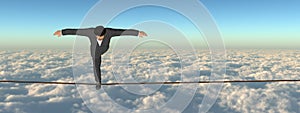 3D businessman or man in crisis walking in balance on rope above clouds sky background banner