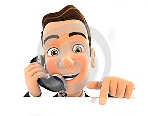 3d businessman on phone and pointing to empty wall