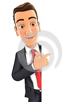 3d businessman pointing to right blank wall
