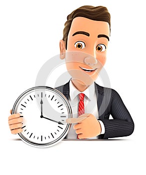 3d businessman pointing on a wall clock