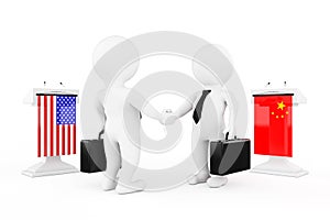 3d Businessman or Politicians Characters Shaking Hands near Tribunes with China and USA Flags. 3d Rendering