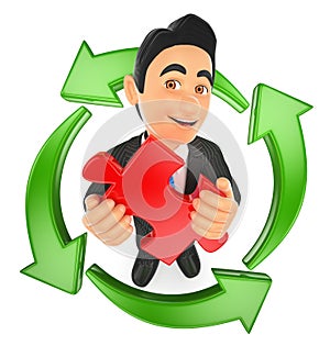 3D Businessman with a puzzle piece and green arrows around. Reusing ideas