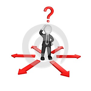 3d businessman with red arrows and question mark