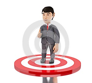 3d Businessman showing thumb up standing on target.