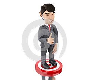 3d Businessman showing thumb up standing on target.