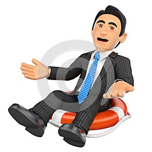 3D Businessman sitting in a lifesaver. Bankrupt company