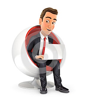 3d businessman sitting in round chair and using laptop