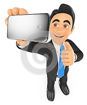 3D Businessman taking a selfie with mobile phone