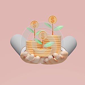 3d businessman two hands holding pile coins stack with tree isolated on pink  pastel background. financial success and growth or