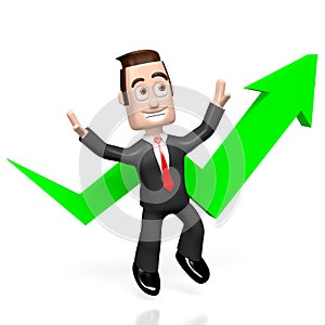 3D businessman, upwards arrow - growth chart