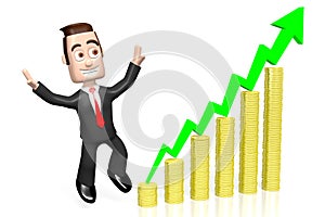 3D businessman, upwards arrow - growth chart