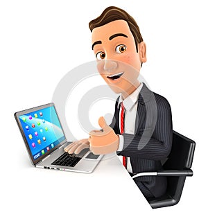 3d businessman working on laptop with thumb up