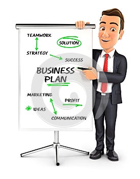 3d businessman writing business plan on paperboard