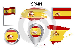 3d button with colorful flag pin set spain. Destination icon. Map pin icon. Vector illustration. Stock image.
