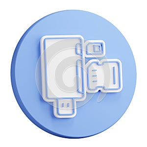 3D button rendering of Adapter for connecting external carriers of digital information. Realistic blue white PNG illustration