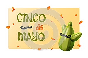 3d cactus. Mexican cartoon cute cacti with mustache and flower petals, cinco de mayo day banner latin america fiesta