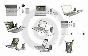 3D CAD Images of Laptop Computer, Mouse, Notepad, Pot, Pen, and Pencil.