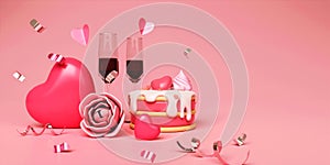 3D cake, champagne and heart shape balloons with confetti around. 3d scene design. Suitable for Valentine's Day