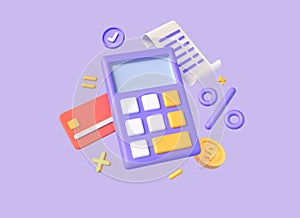 3d calculator, coin and credit card in cartoon style. concept of financial management or money planning. taxes and finance.