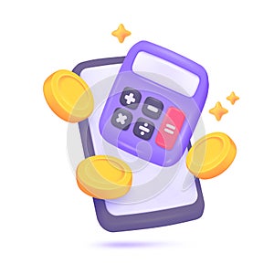 3D calculator. Purple calculator with buttons for counting values find mathematical results. 3D Vector Illustration