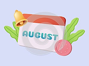 3d calendar icon. August. Daily schedule planner. Calendar events plan, work planning concept. 3d cartoon simple vector