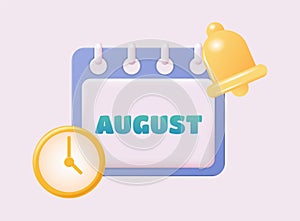 3d calendar icon. August. Daily schedule planner. Calendar events plan, work planning concept. 3d cartoon simple vector