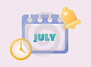 3d calendar icon. July. Daily schedule planner. Calendar events plan, work planning concept. 3d cartoon simple vector