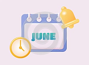 3d calendar icon. June. Daily schedule planner. Calendar events plan, work planning concept. 3d cartoon simple vector