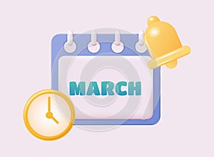 3d calendar icon. March. Daily schedule planner. Calendar events plan, work planning concept. 3d cartoon simple vector