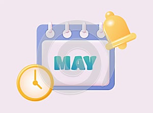 3d calendar icon. May. Daily schedule planner. Calendar events plan, work planning concept. 3d cartoon simple vector
