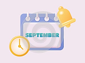 3d calendar icon. September. Daily schedule planner. Calendar events plan, work planning concept. 3d cartoon simple