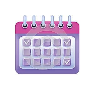 3D calendar icon, vector agenda pictogram, event data planner, appointment job interview reminder.