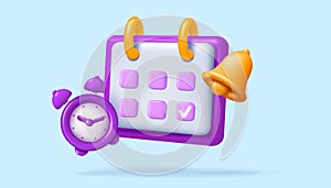 3D calendar. Time management icons. Month schedule. Alarm clock. Reminder notification. Agenda deadline. Alert bell