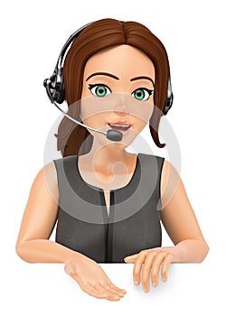 3D Call center operator with headphones pointing down