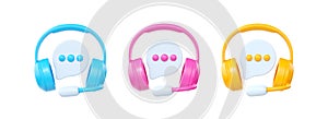 3d call center support service icon set, headset with microphone and talk bubble render illustration