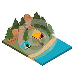 3D camp picture. mountain trip. Outdoor camping adventure logos, badges and logo. Vector illustration