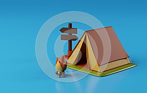 3D Camping Tent, Cozy Campfire Icon in Nature. 3D Render