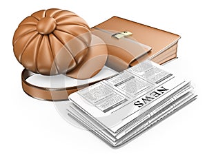 3D Cap briefcase and newspaper. Latest news concept