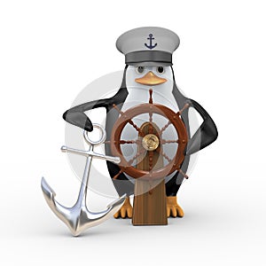 3d captain penguin with anchor and wooden rudder ship steering wheel