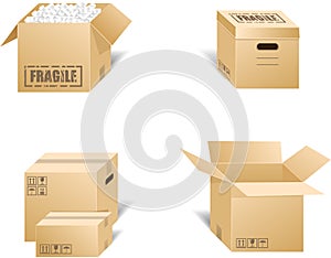 3d cardboard box open and closed icon. Brown delivery boxes packaging. Render delivery cargo box with fragile care sign symbol
